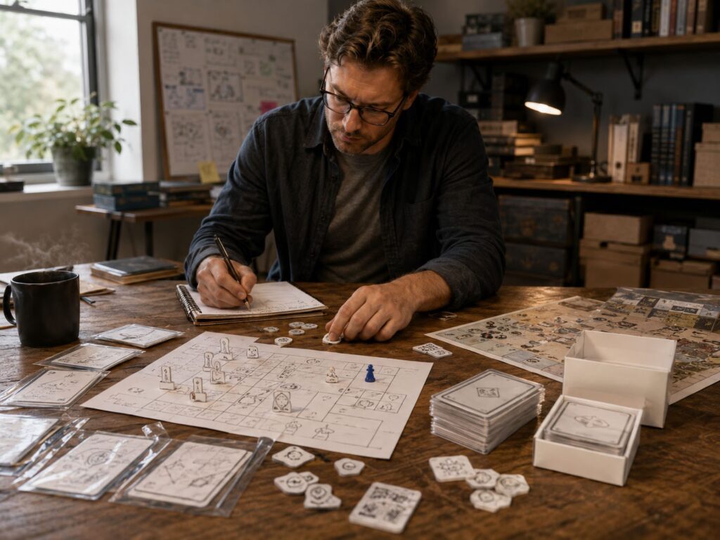 Early board game prototype testing with paper cards, simple board layout, hand-cut tokens, and a cleaner POD-style sample