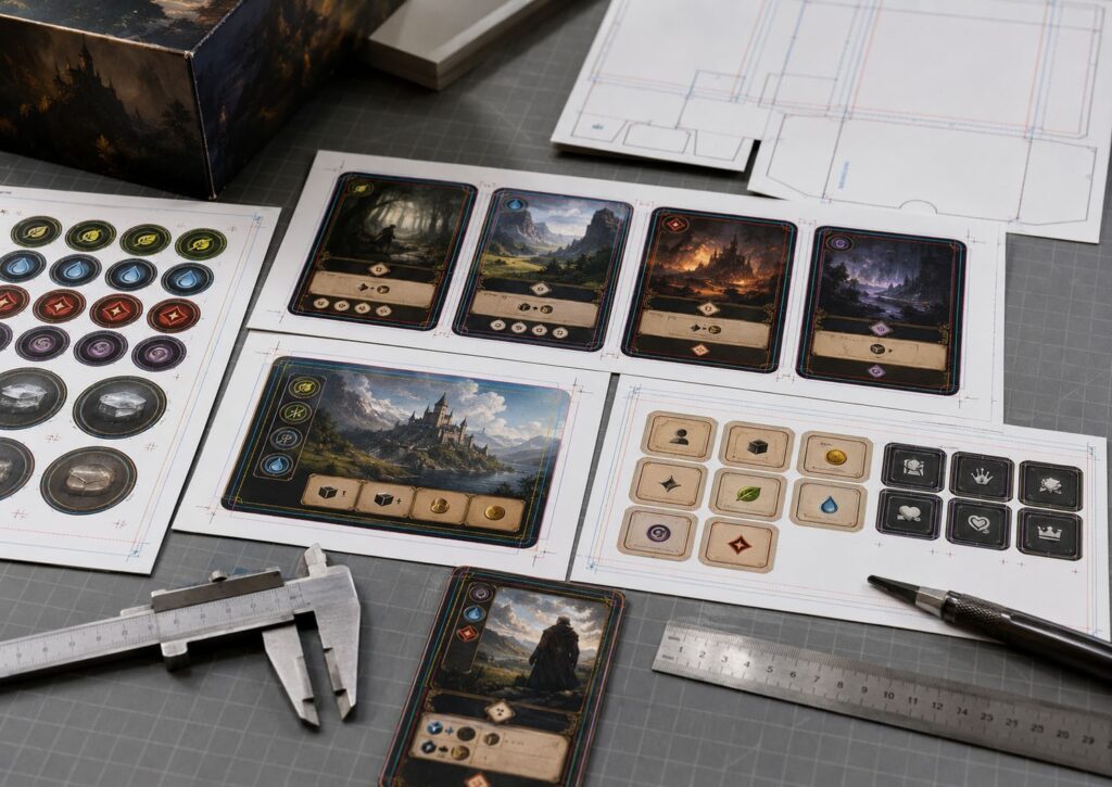 Board game prototype card layouts and punchboard token files with visible bleed margins, safe-area guides, cut lines, vector-style icons, rebuilt UI elements, ruler, caliper, and box dielines