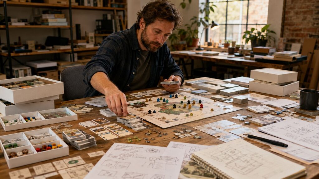 Board game designer sorting an overloaded prototype with many cards, tokens, boards, and components before paying for a printed sample.