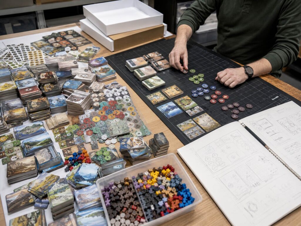 Overbuilt board game prototype with many cards, tokens, tiles, and components being sorted before engineering subtraction.