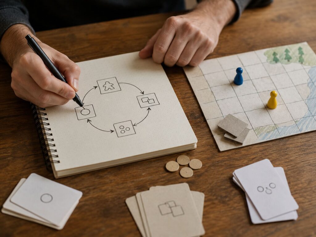 Designer sketching a simple board game core loop with rough cards, tokens, and a paper board before building a full component list.