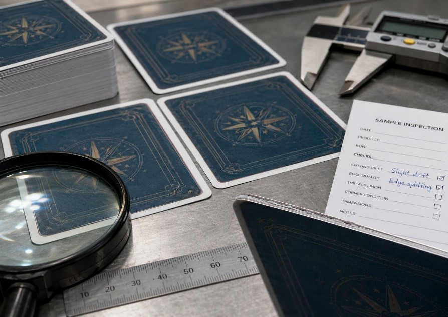 Custom playing cards being inspected for cutting drift, edge splitting, card border tolerance, and corner quality with ruler, caliper, and magnifying glass