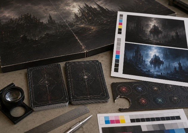 Dark AI-assisted board game prototype showing mounted board fold stress, dark card backs, punchboard edge tearing, CMYK proof strips, muddy dark artwork, clearer corrected print proof, loupe, and ruler
