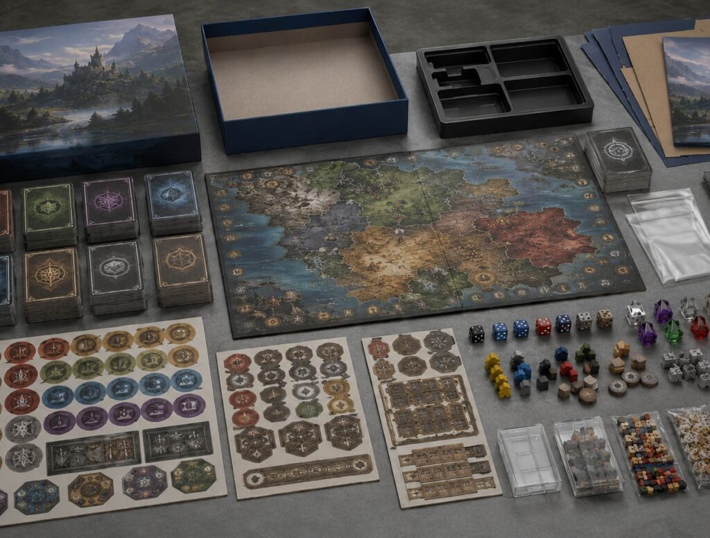 Board game component flat lay showing multiple card decks, punchboard sheets, mounted board, rigid box, insert tray, dice, meeples, acrylic pieces, plastic bags, and packaging parts