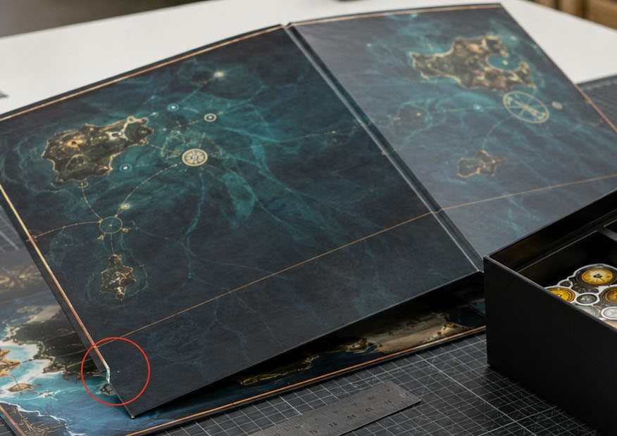Close-up inspection of a mounted game board fold line and corner stress area where dark artwork makes cracking or edge damage more visible