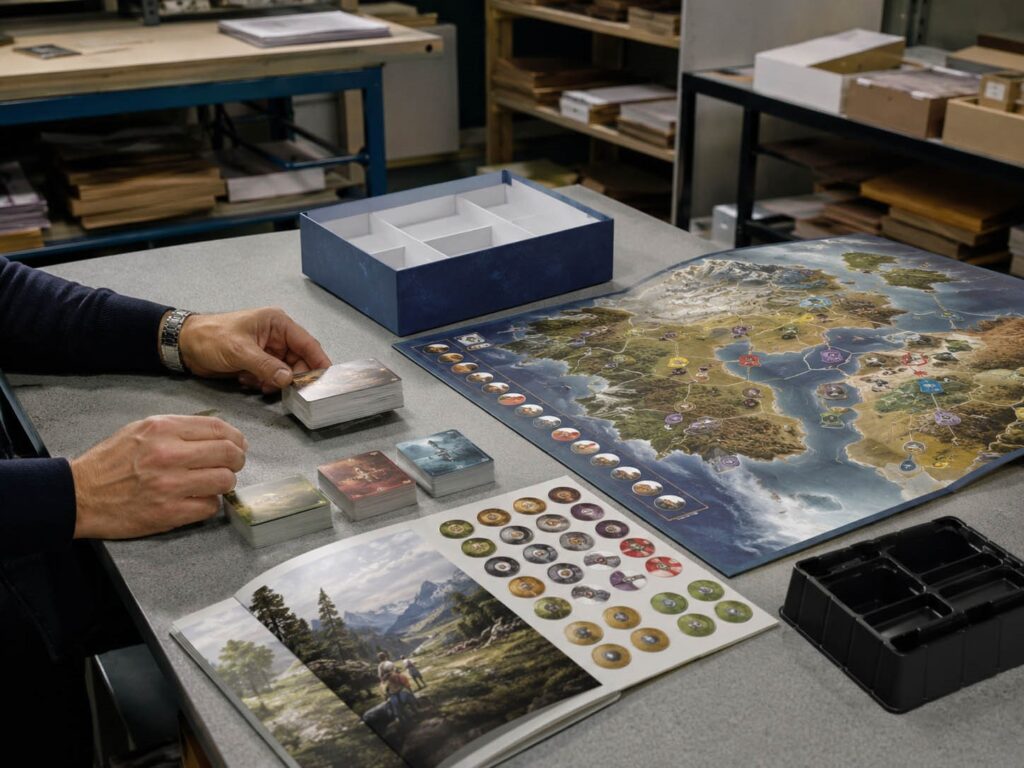 Near-final board game prototype sample with cards, mounted board, punchboard tokens, box, insert, and components ready for physical review.