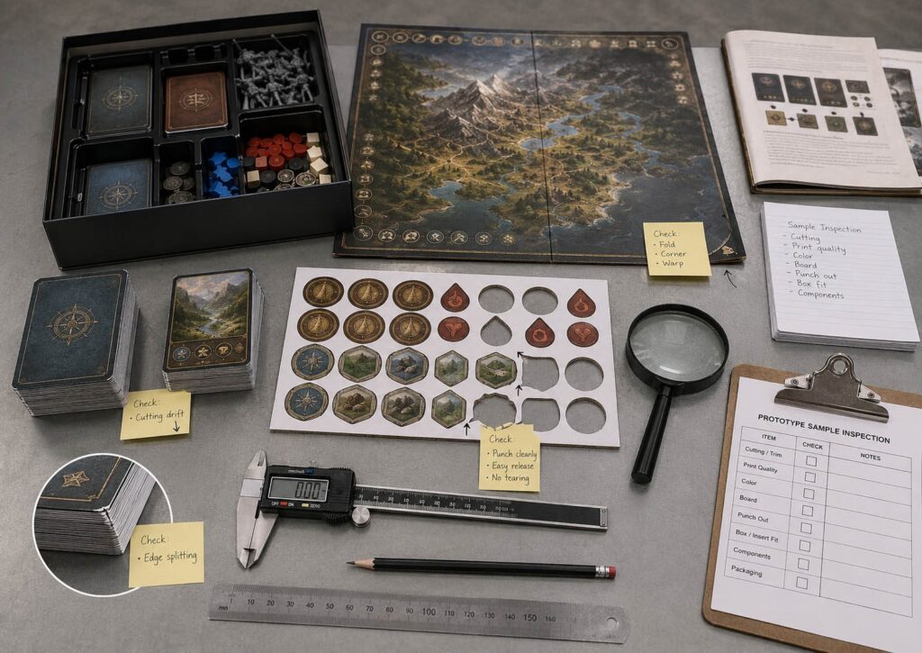 Board game prototype inspection table with cards, mounted board, punchboard sheet, box insert, rulebook, caliper, ruler, magnifying glass, and sample checklist