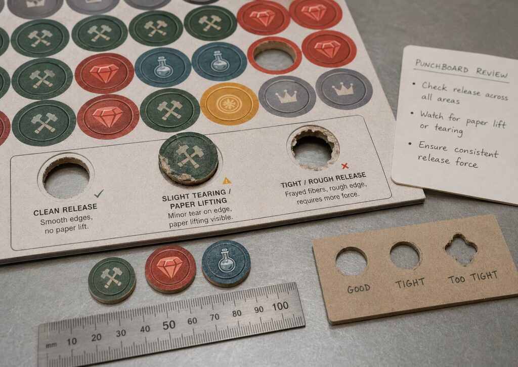 Punchboard token release inspection showing clean release, paper lifting, rough edges, loose tokens, and die-cut holes on a factory sample table