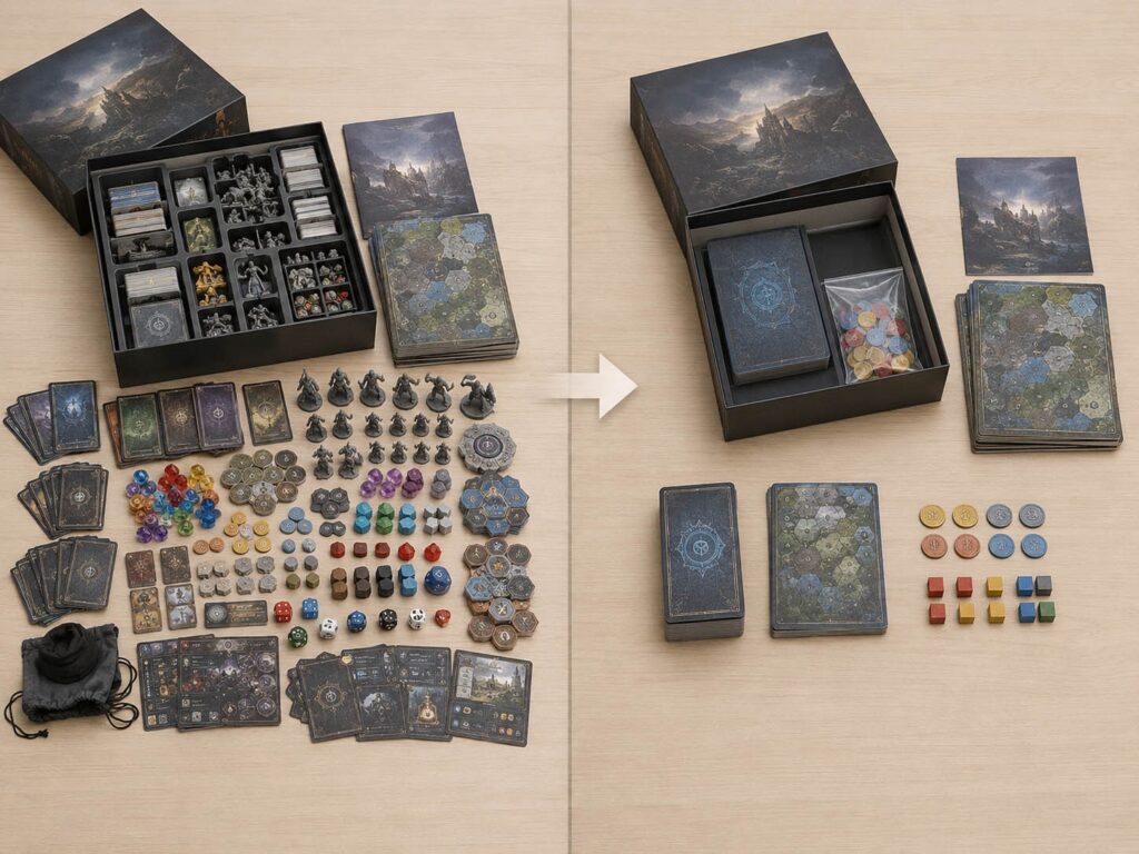 Comparison between an overbuilt board game component setup and a simplified small-batch production structure with fewer component categories and cleaner packing logic