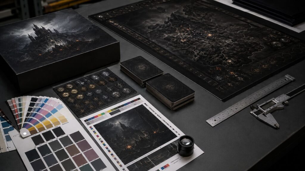 Board game dark artwork print inspection table with rich black game board, dark card decks, punchboard tokens, CMYK swatches, printed proof sheet, loupe, ruler, and caliper