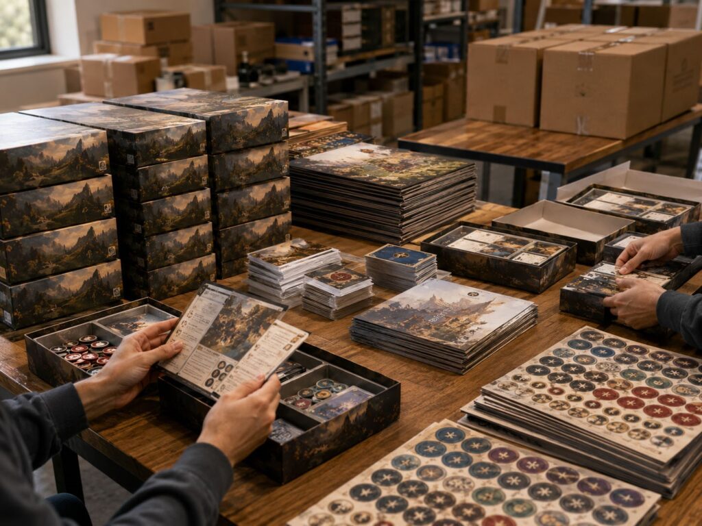 Small batch board game assembly and packing table with cards, punchboards, boxes, rulebooks, and components being checked before shipment.