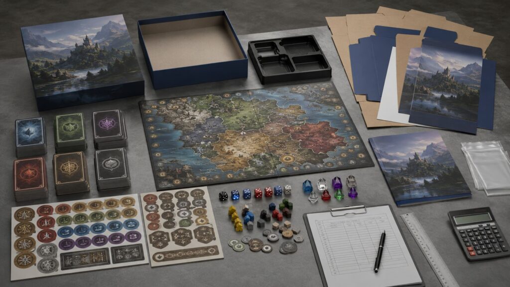 Complete custom board game components laid out on a factory sample table with cards, mounted board, punchboards, box, insert tray, dice, meeples, packaging parts, calculator, and quote checklist.